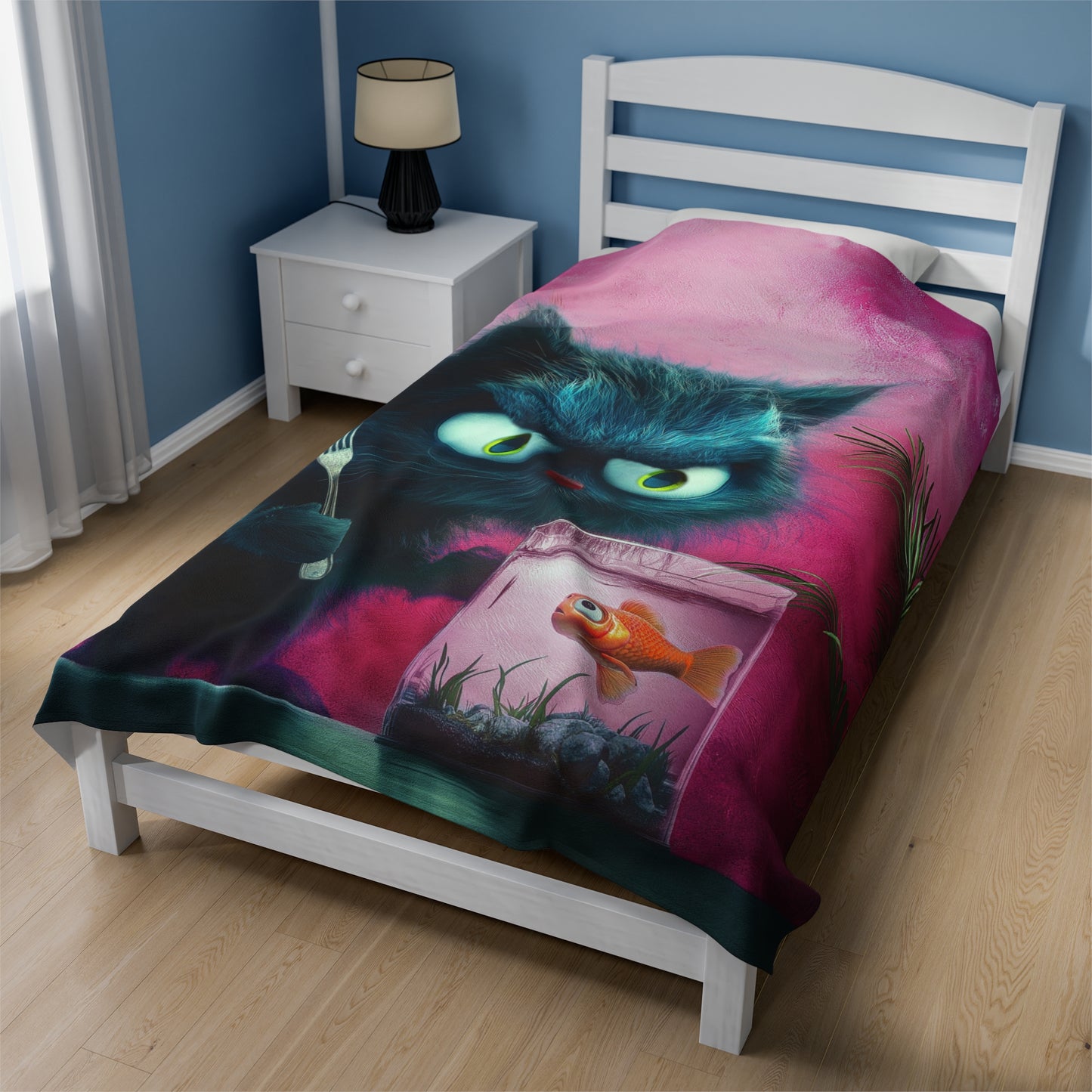 Velveteen Plush Throw Blanket - Cat About to Eat a Fish Design