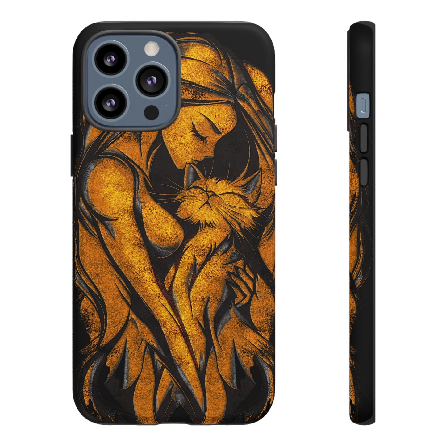 Phone Tough Case, Woman Hugging Cat, Gold on Black, Gift for Cat Lovers, Protective Case, Mobile Accessories