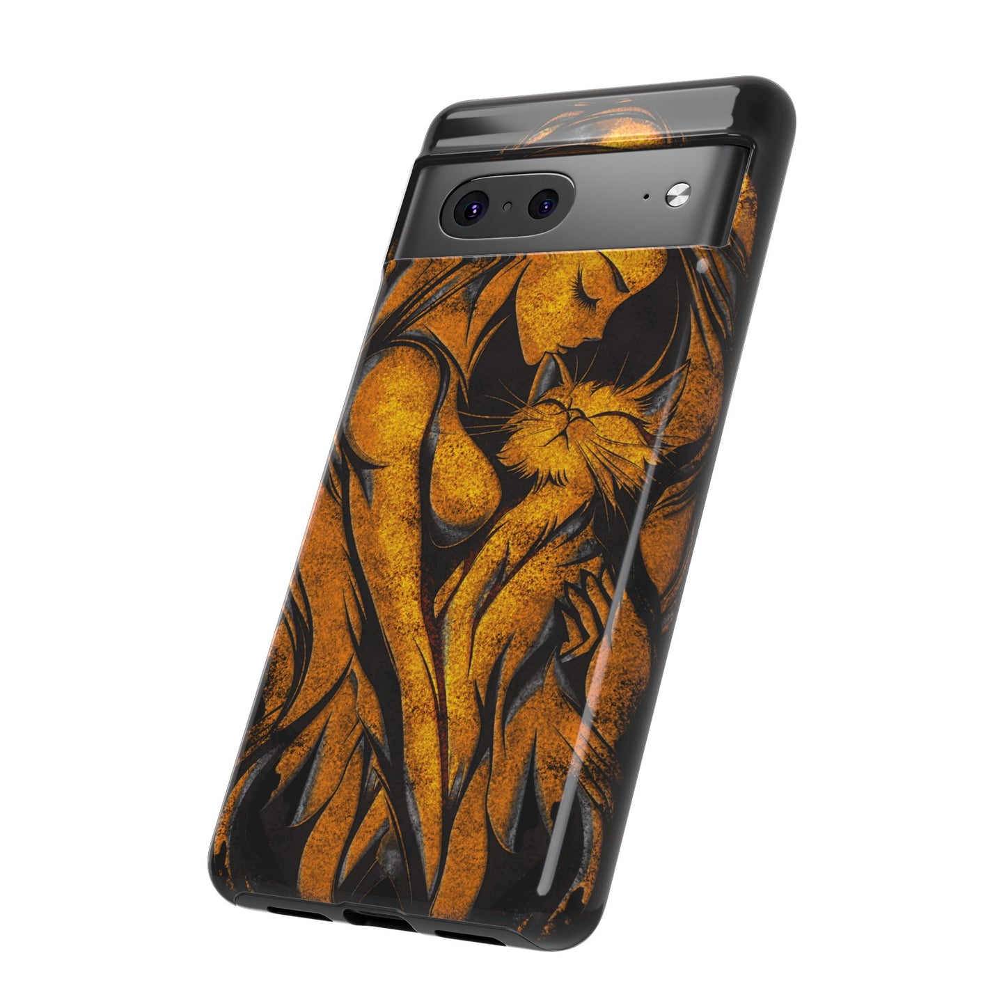 Phone Tough Case, Woman Hugging Cat, Gold on Black, Gift for Cat Lovers, Protective Case, Mobile Accessories