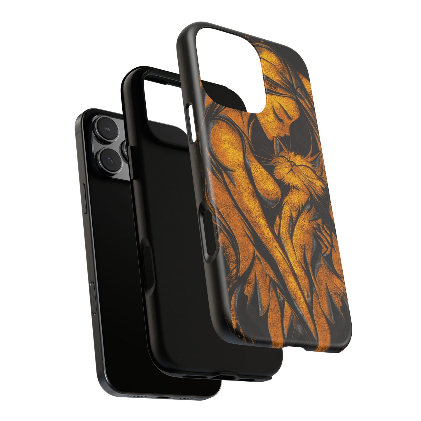 Phone Tough Case, Woman Hugging Cat, Gold on Black, Gift for Cat Lovers, Protective Case, Mobile Accessories