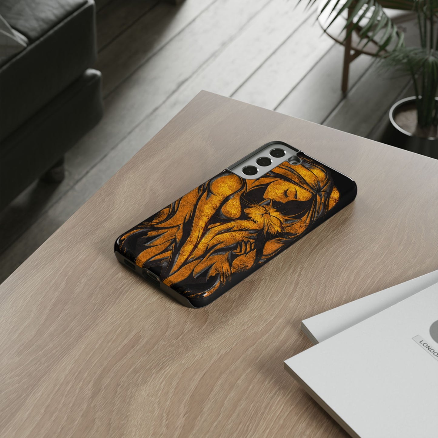 Phone Tough Case, Woman Hugging Cat, Gold on Black, Gift for Cat Lovers, Protective Case, Mobile Accessories
