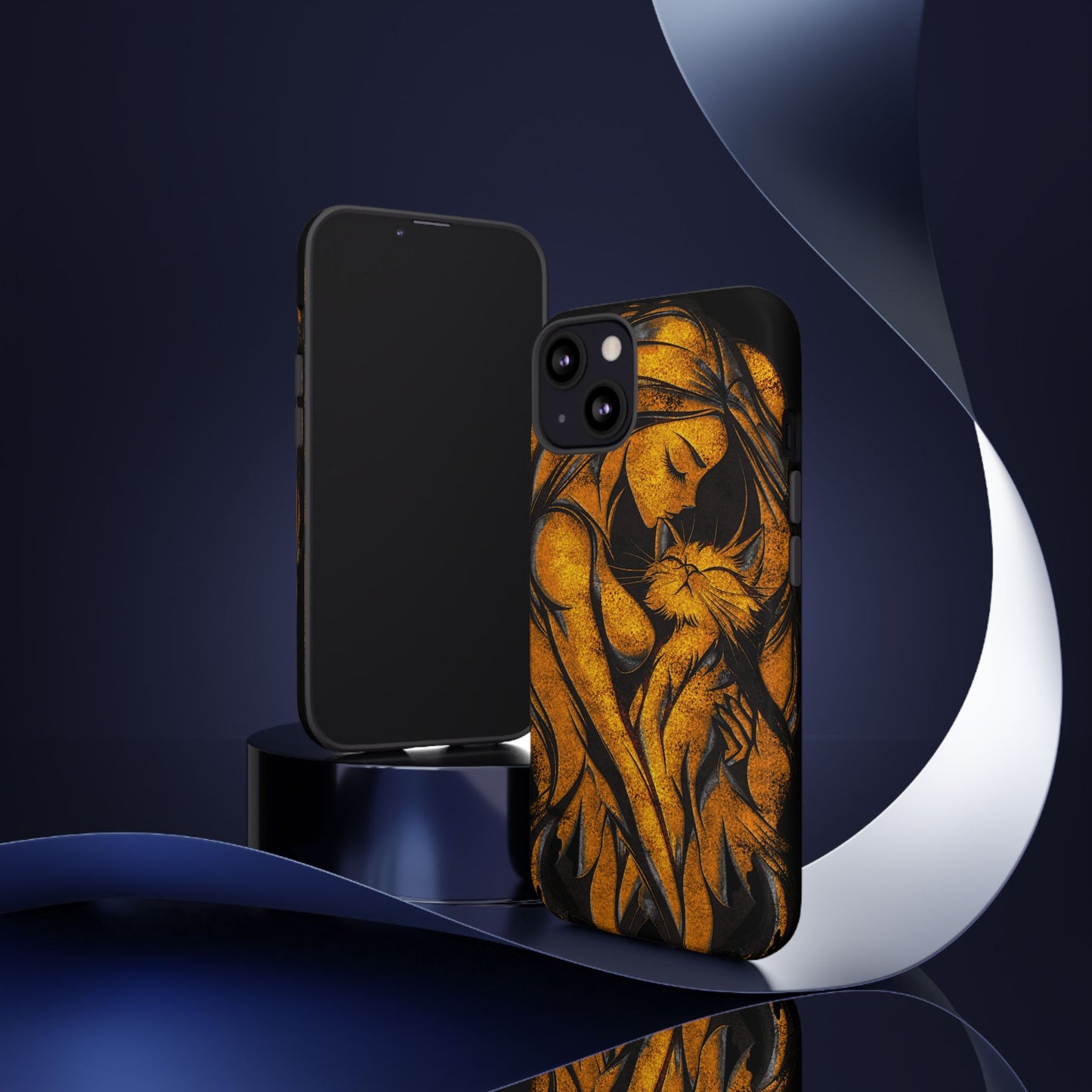 Phone Tough Case, Woman Hugging Cat, Gold on Black, Gift for Cat Lovers, Protective Case, Mobile Accessories