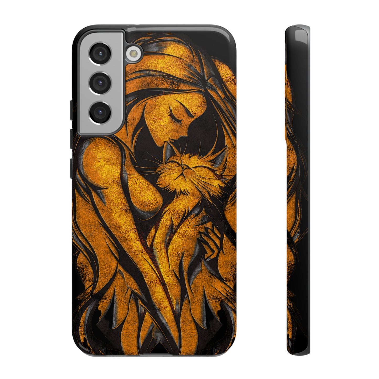 Phone Tough Case, Woman Hugging Cat, Gold on Black, Gift for Cat Lovers, Protective Case, Mobile Accessories