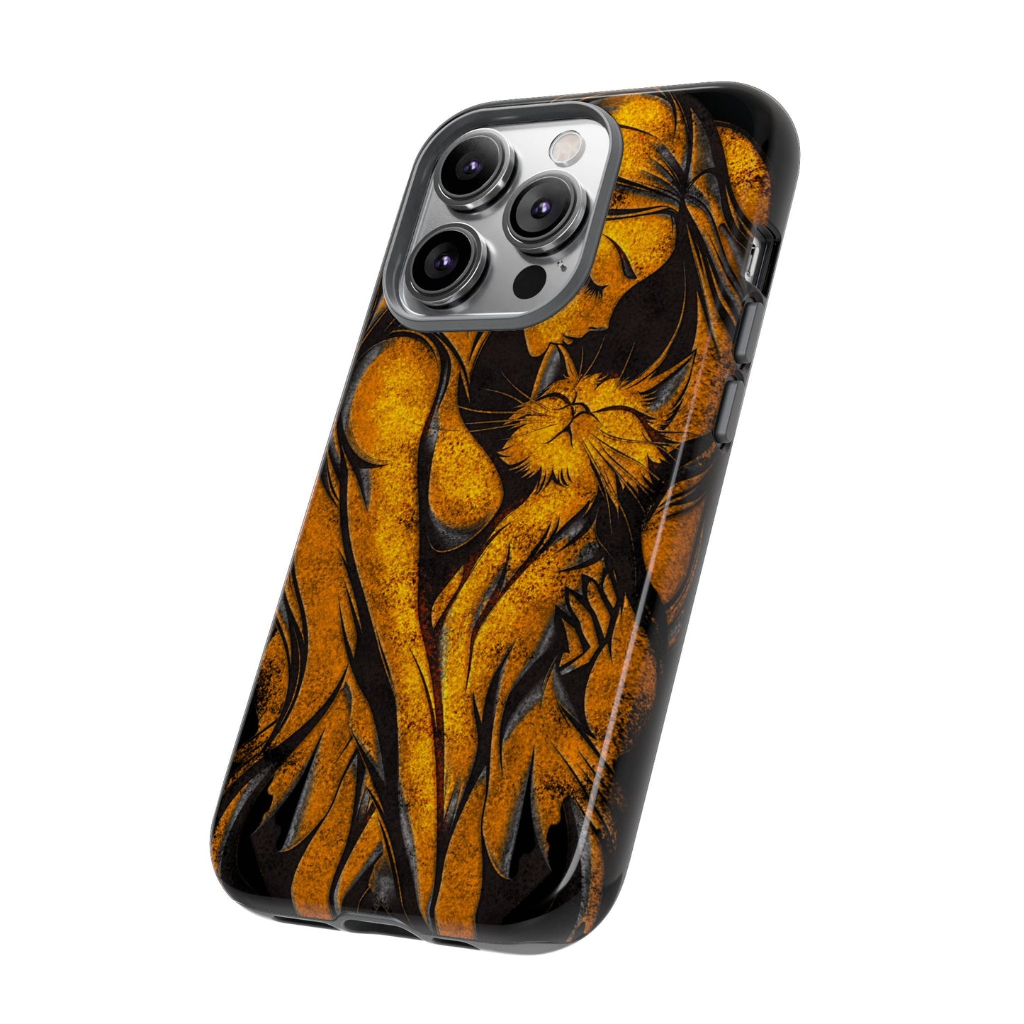 Phone Tough Case, Woman Hugging Cat, Gold on Black, Gift for Cat Lovers, Protective Case, Mobile Accessories