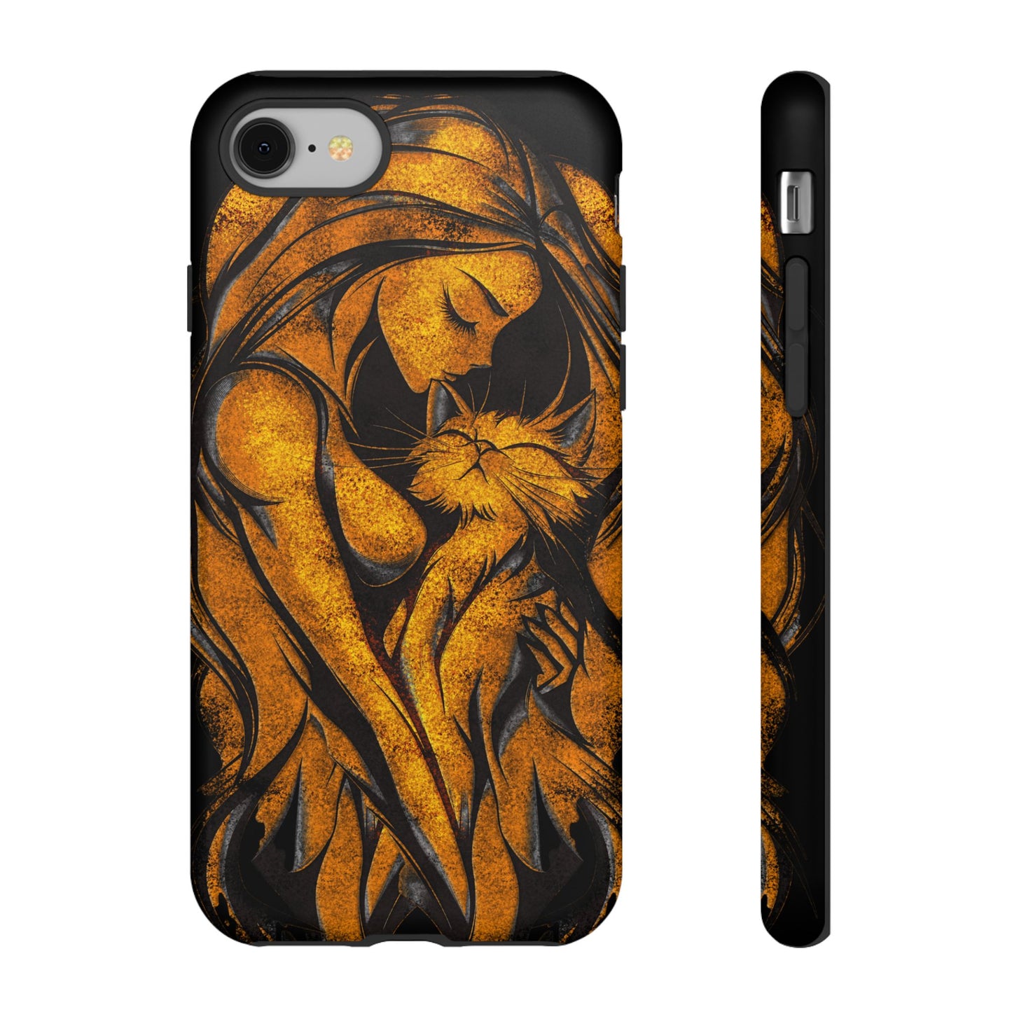 Phone Tough Case, Woman Hugging Cat, Gold on Black, Gift for Cat Lovers, Protective Case, Mobile Accessories