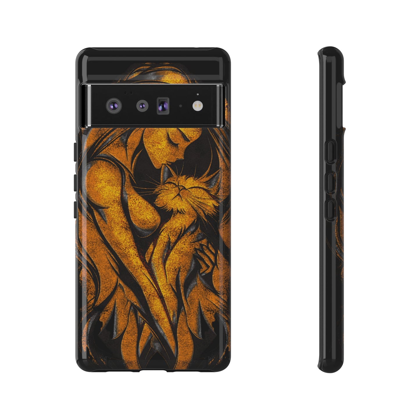 Phone Tough Case, Woman Hugging Cat, Gold on Black, Gift for Cat Lovers, Protective Case, Mobile Accessories