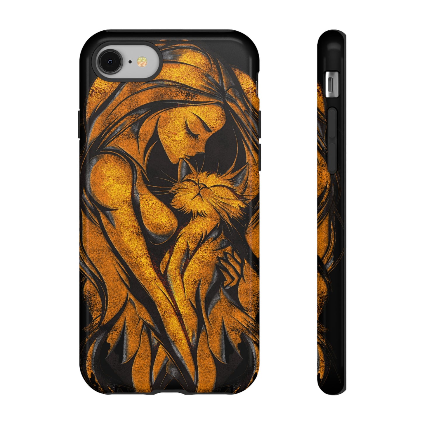 Phone Tough Case, Woman Hugging Cat, Gold on Black, Gift for Cat Lovers, Protective Case, Mobile Accessories