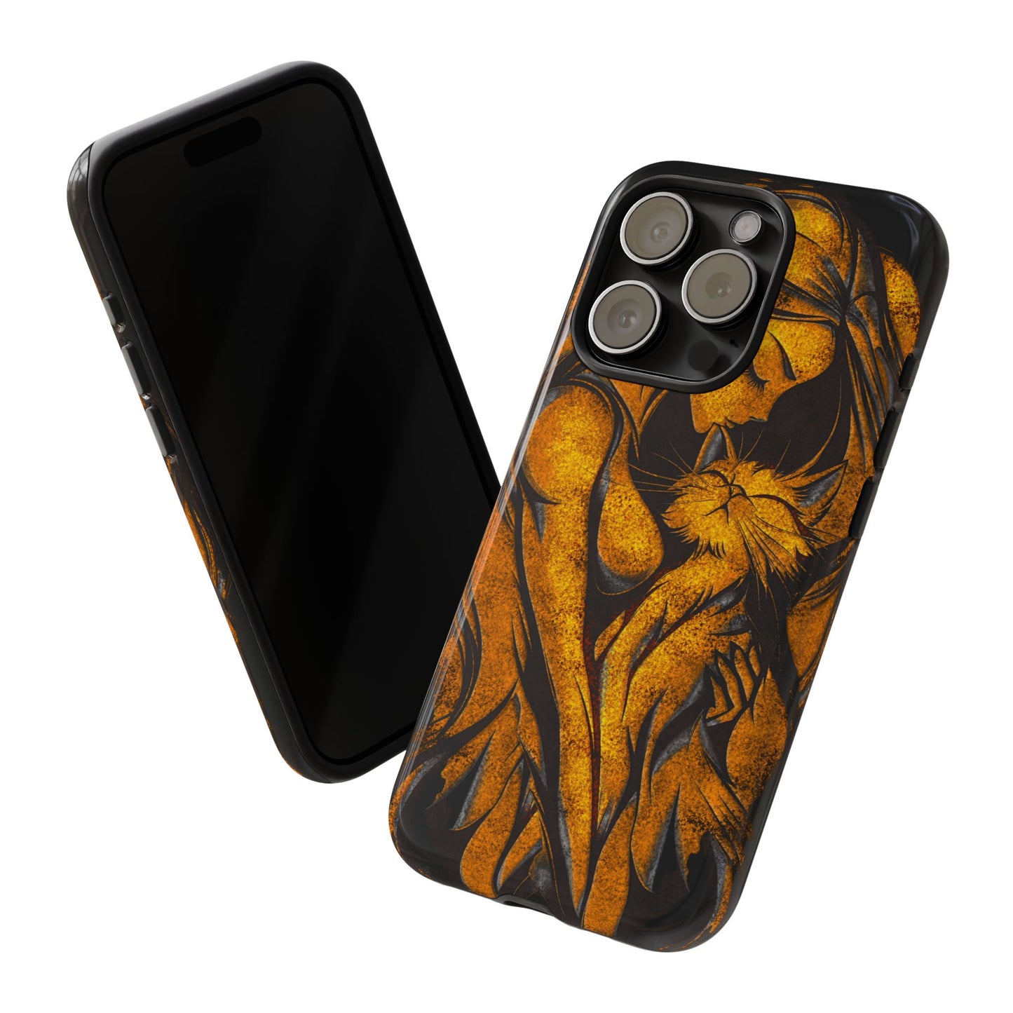Phone Tough Case, Woman Hugging Cat, Gold on Black, Gift for Cat Lovers, Protective Case, Mobile Accessories