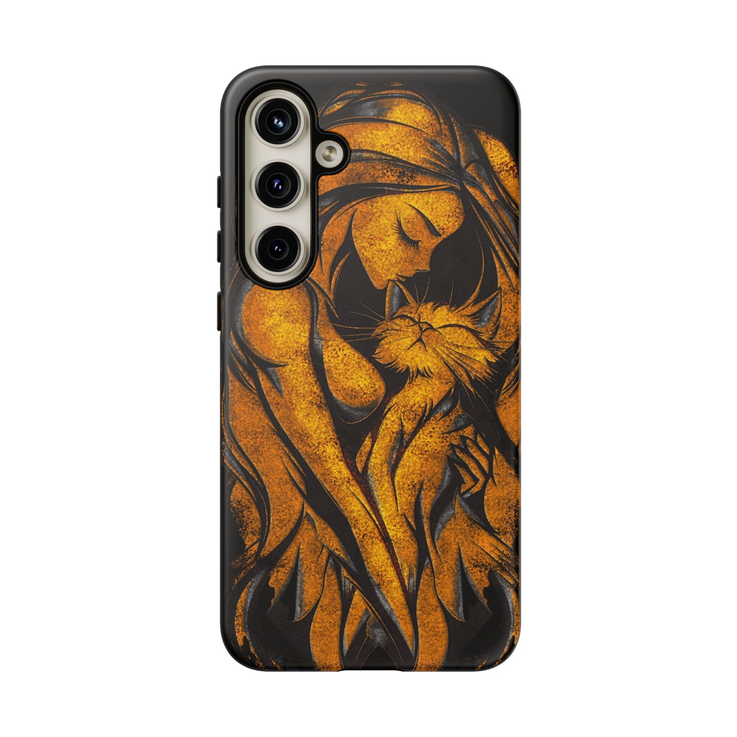 Phone Tough Case, Woman Hugging Cat, Gold on Black, Gift for Cat Lovers, Protective Case, Mobile Accessories