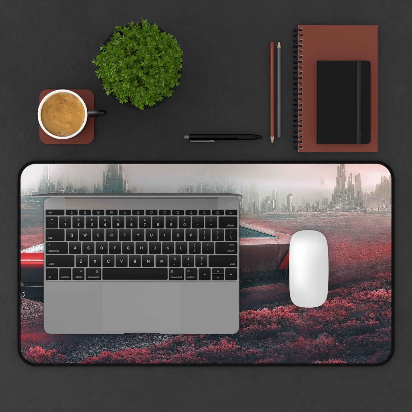 Desk Mat - Futuristic Electric Car Speeding on a Red Planet, Desk Protector, Mouse Pad, Gaming Mouse Pad, Perfect for Home Office.