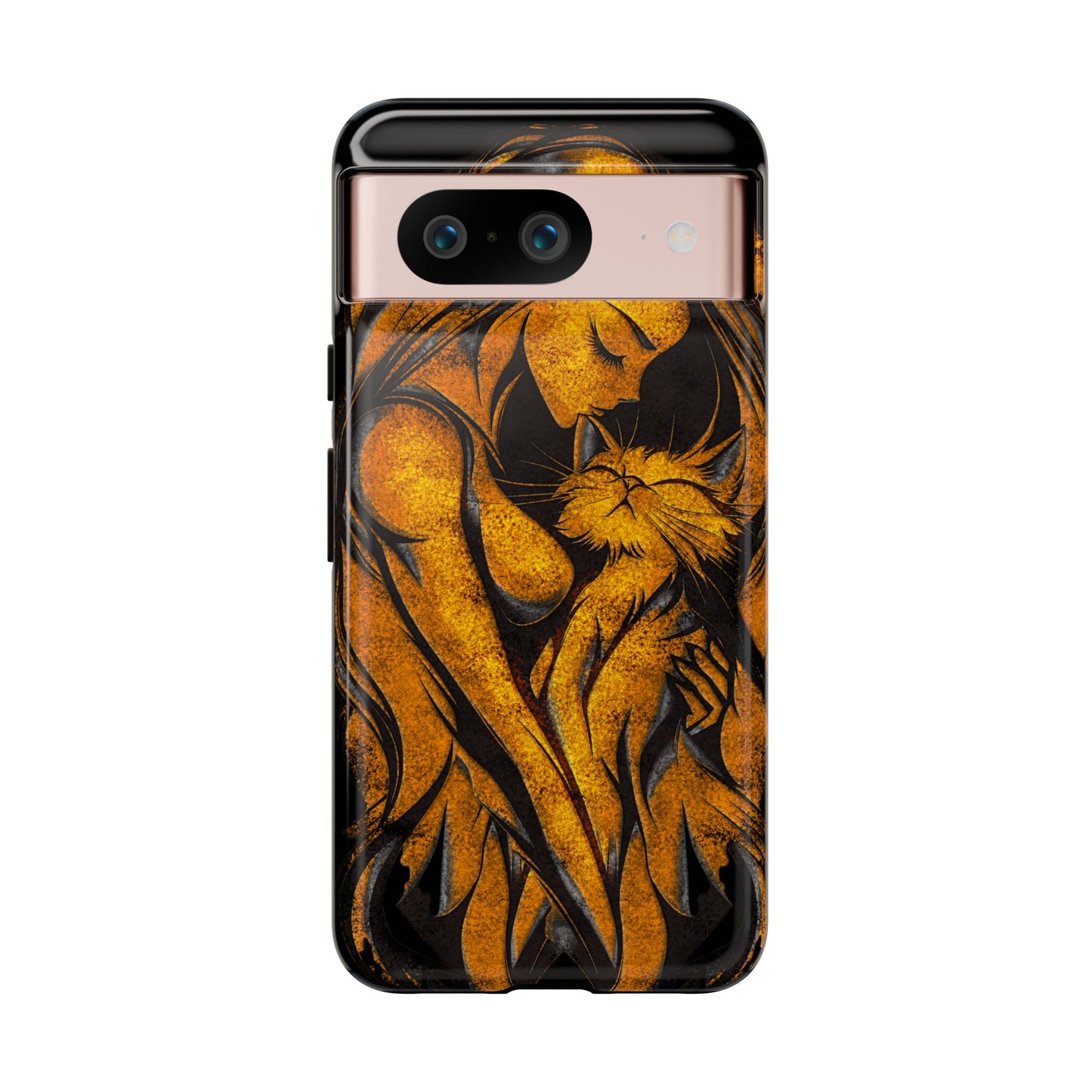 Phone Tough Case, Woman Hugging Cat, Gold on Black, Gift for Cat Lovers, Protective Case, Mobile Accessories