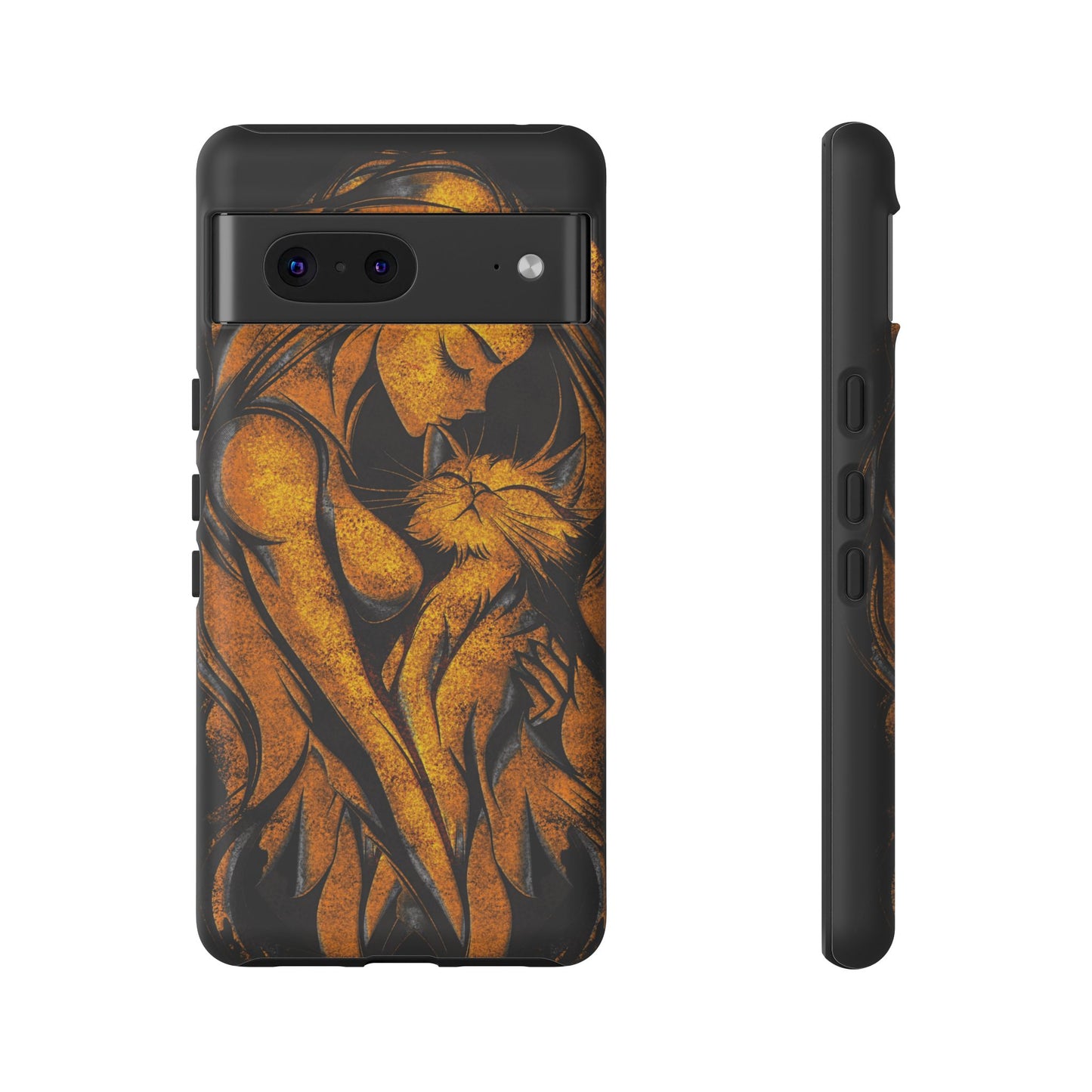 Phone Tough Case, Woman Hugging Cat, Gold on Black, Gift for Cat Lovers, Protective Case, Mobile Accessories