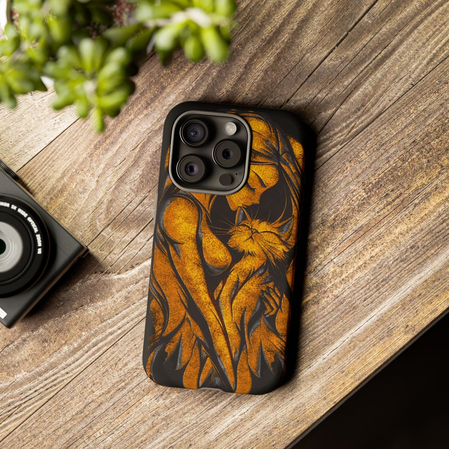 Phone Tough Case, Woman Hugging Cat, Gold on Black, Gift for Cat Lovers, Protective Case, Mobile Accessories