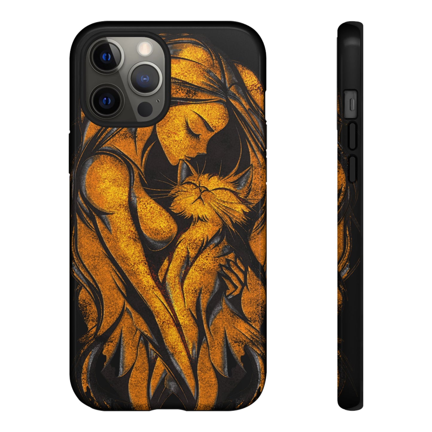 Phone Tough Case, Woman Hugging Cat, Gold on Black, Gift for Cat Lovers, Protective Case, Mobile Accessories
