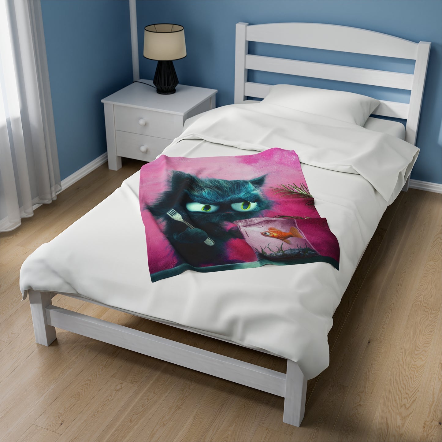 Velveteen Plush Throw Blanket - Cat About to Eat a Fish Design