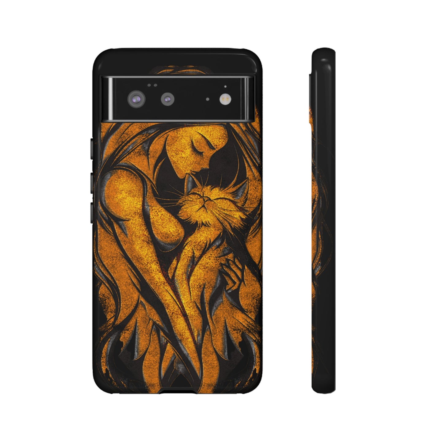 Phone Tough Case, Woman Hugging Cat, Gold on Black, Gift for Cat Lovers, Protective Case, Mobile Accessories