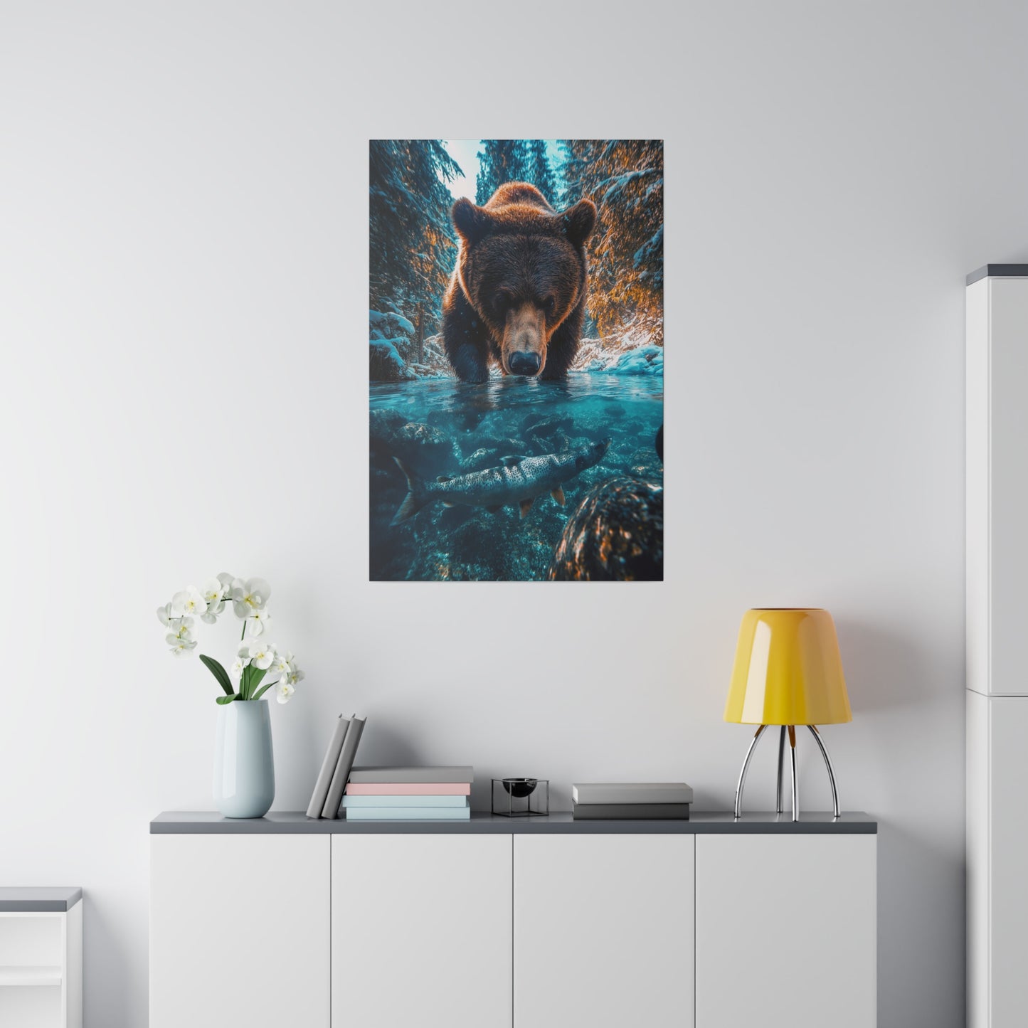 A Vertical Canvas Print of - A Bear Fishing in Winter.