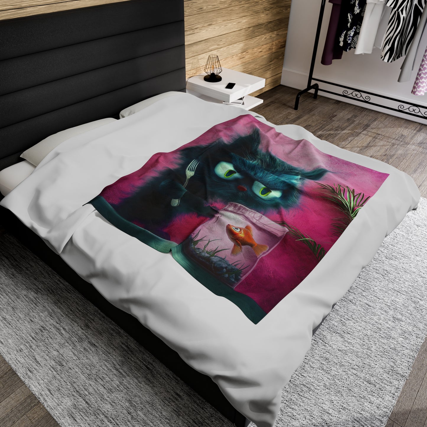 Velveteen Plush Throw Blanket - Cat About to Eat a Fish Design