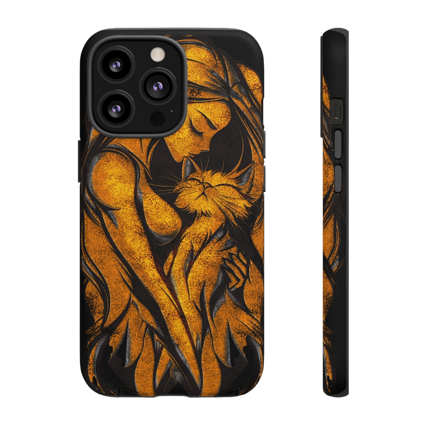 Phone Tough Case, Woman Hugging Cat, Gold on Black, Gift for Cat Lovers, Protective Case, Mobile Accessories