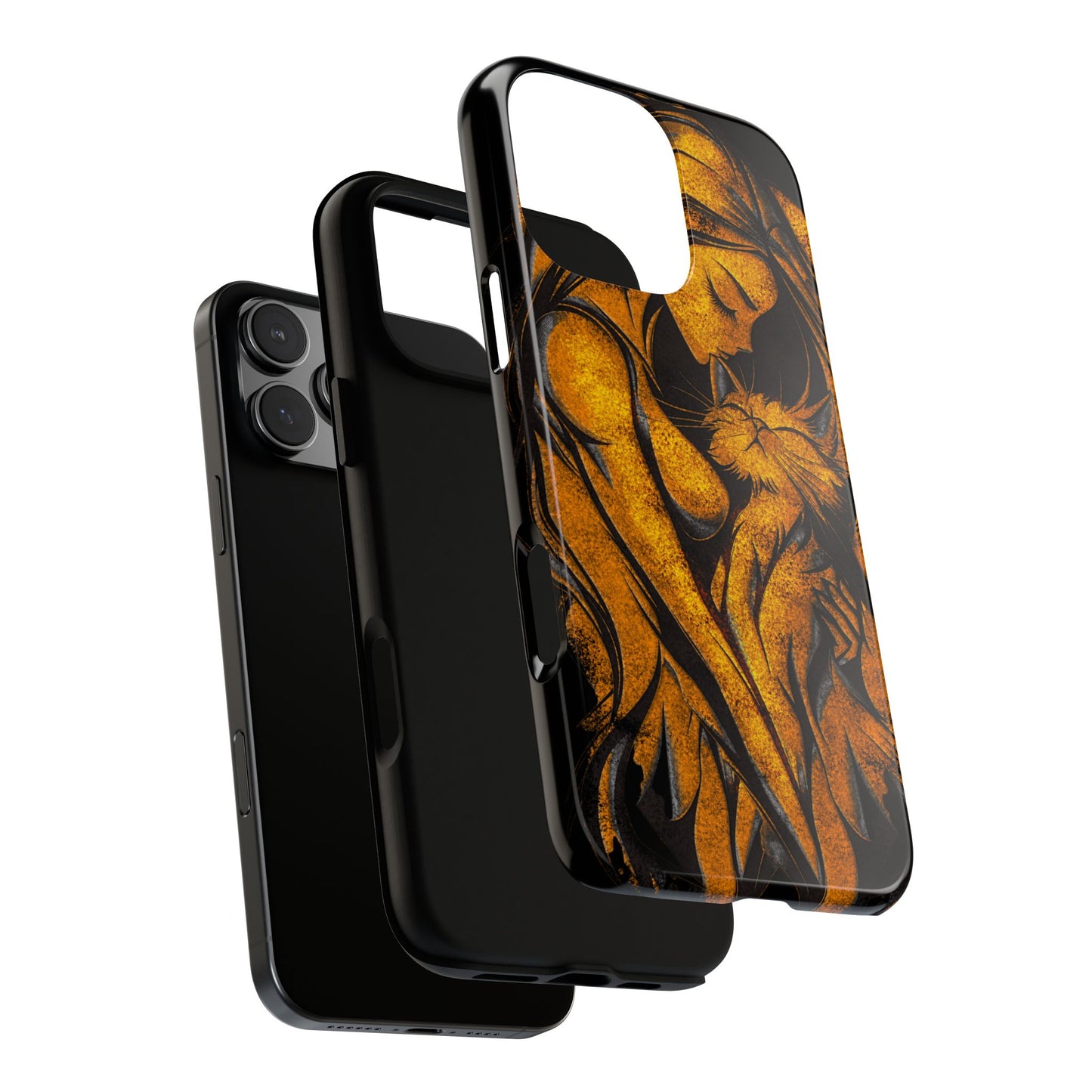 Phone Tough Case, Woman Hugging Cat, Gold on Black, Gift for Cat Lovers, Protective Case, Mobile Accessories