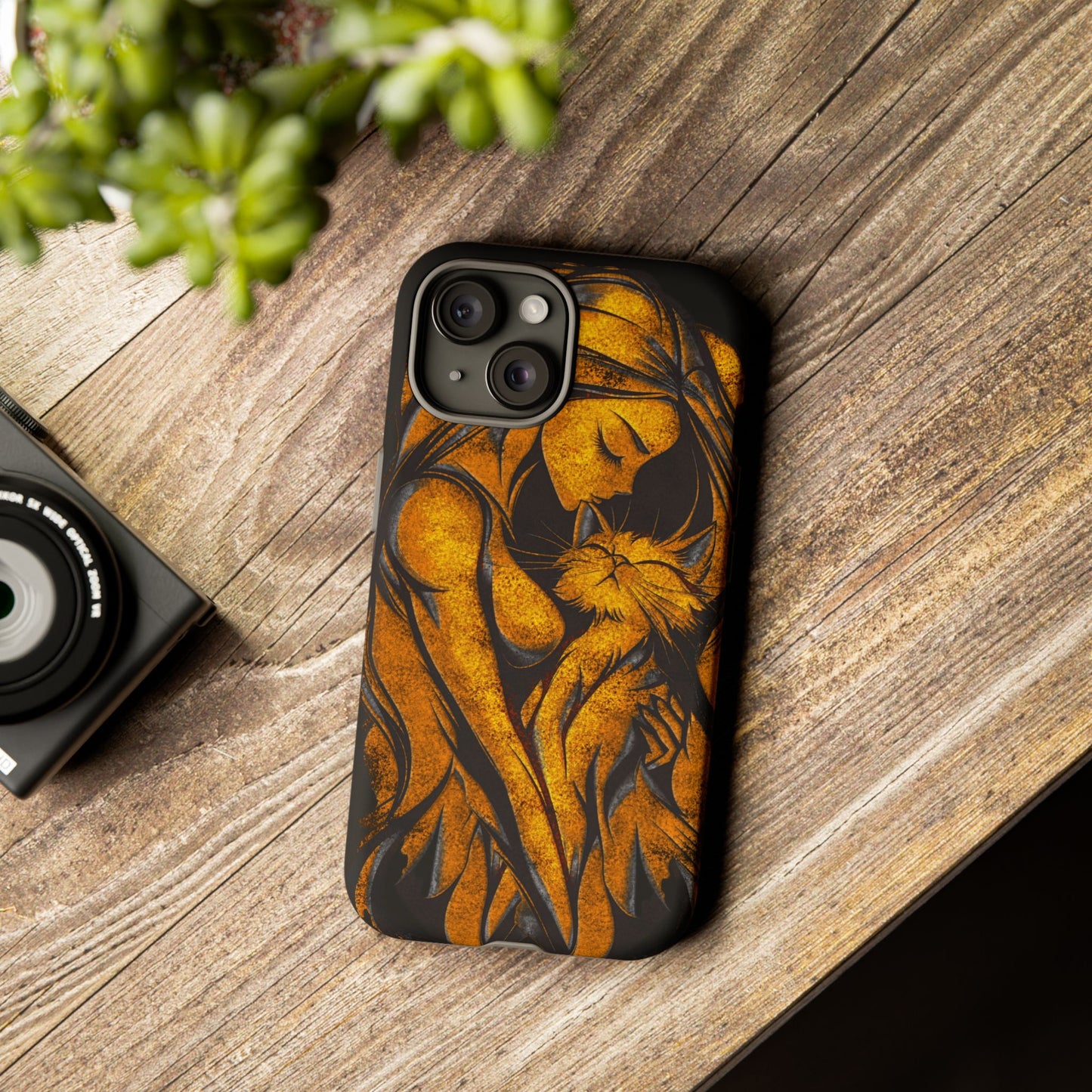 Phone Tough Case, Woman Hugging Cat, Gold on Black, Gift for Cat Lovers, Protective Case, Mobile Accessories