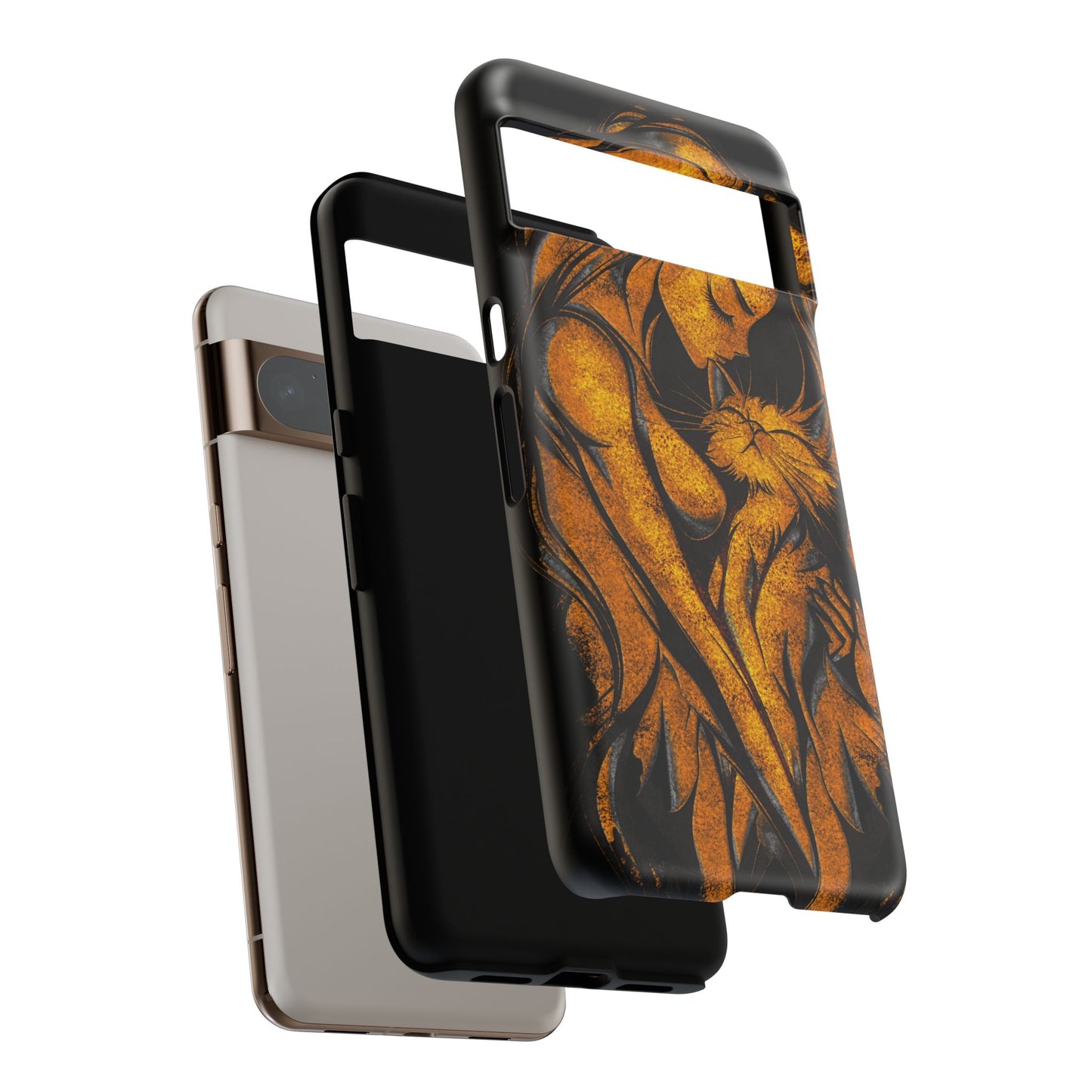 Phone Tough Case, Woman Hugging Cat, Gold on Black, Gift for Cat Lovers, Protective Case, Mobile Accessories