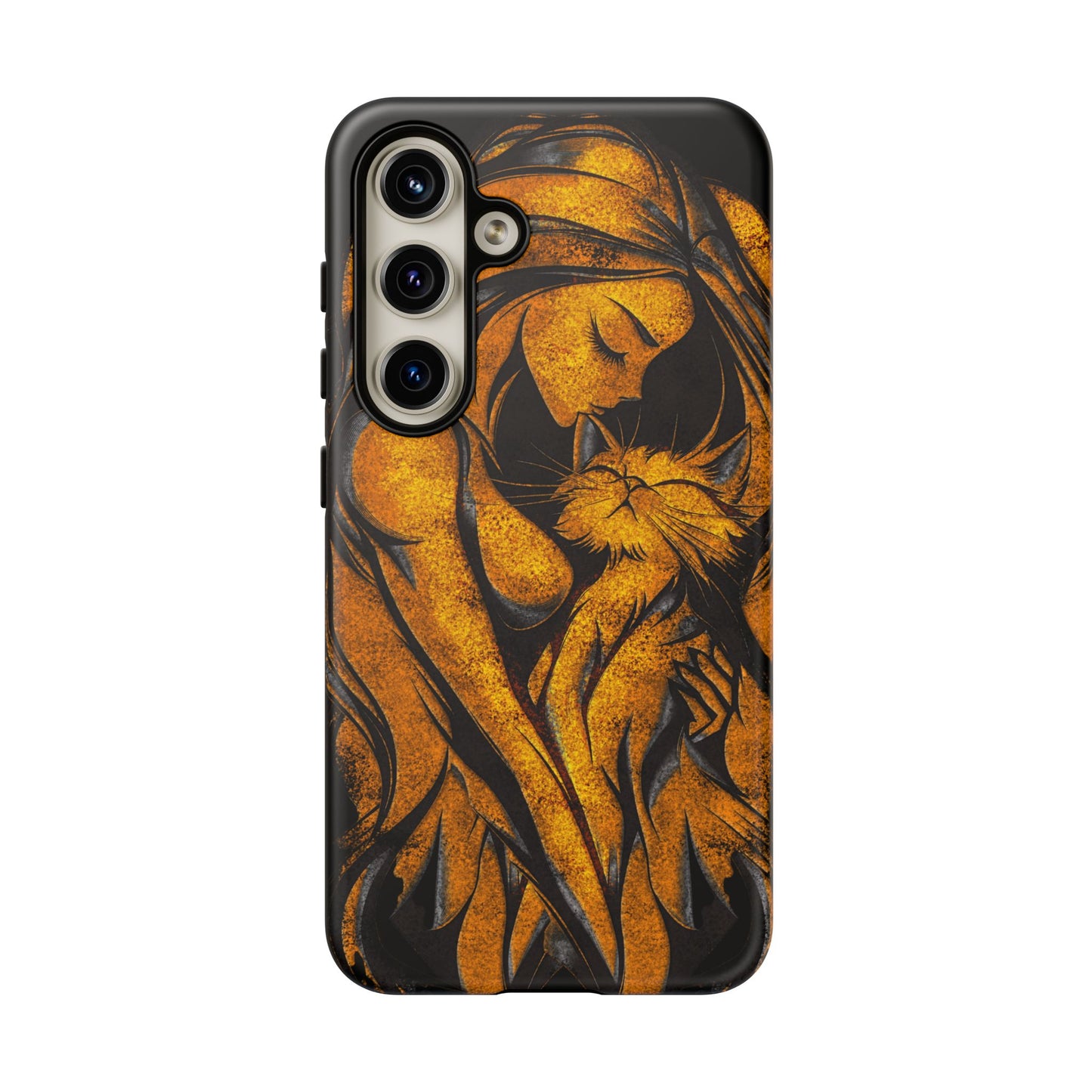 Phone Tough Case, Woman Hugging Cat, Gold on Black, Gift for Cat Lovers, Protective Case, Mobile Accessories