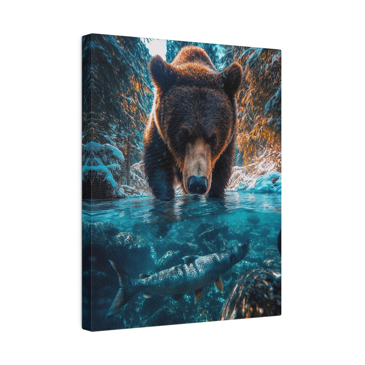 A Vertical Canvas Print of - A Bear Fishing in Winter.