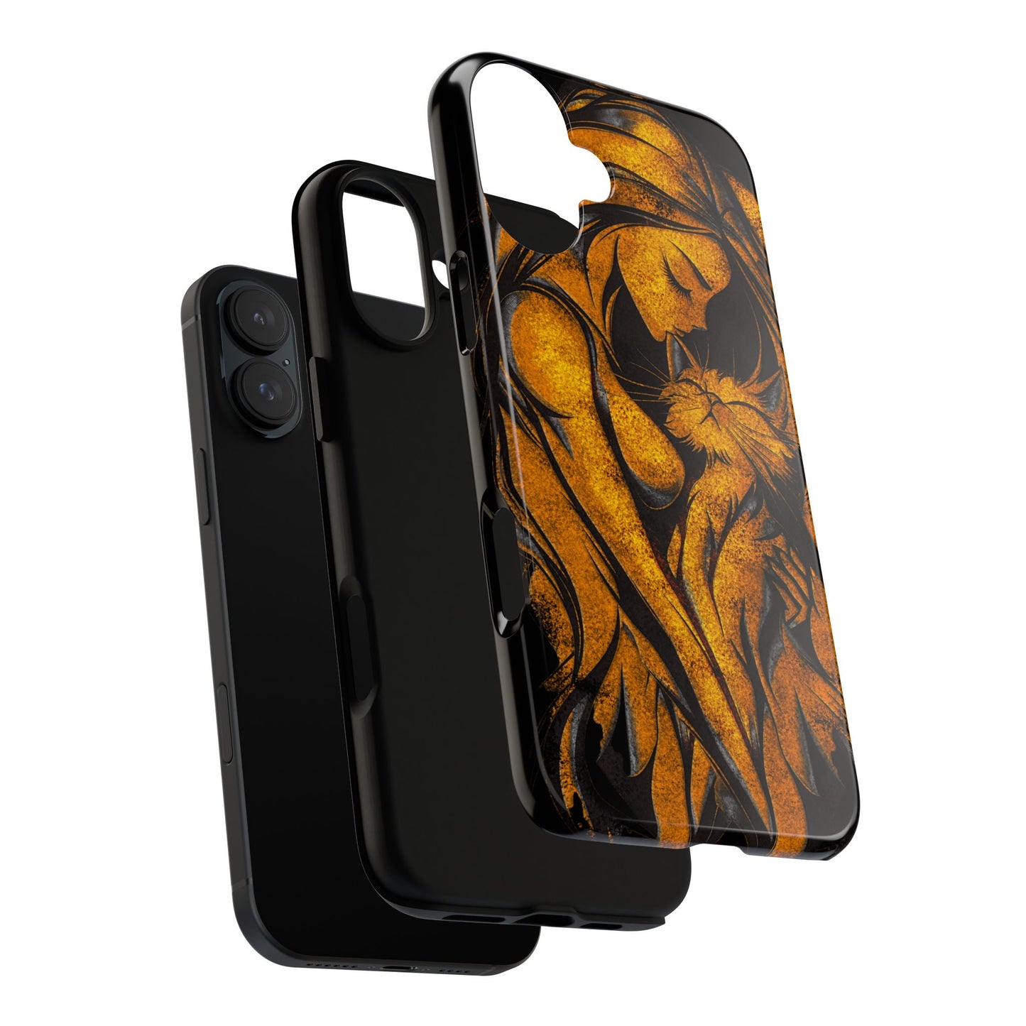 Phone Tough Case, Woman Hugging Cat, Gold on Black, Gift for Cat Lovers, Protective Case, Mobile Accessories