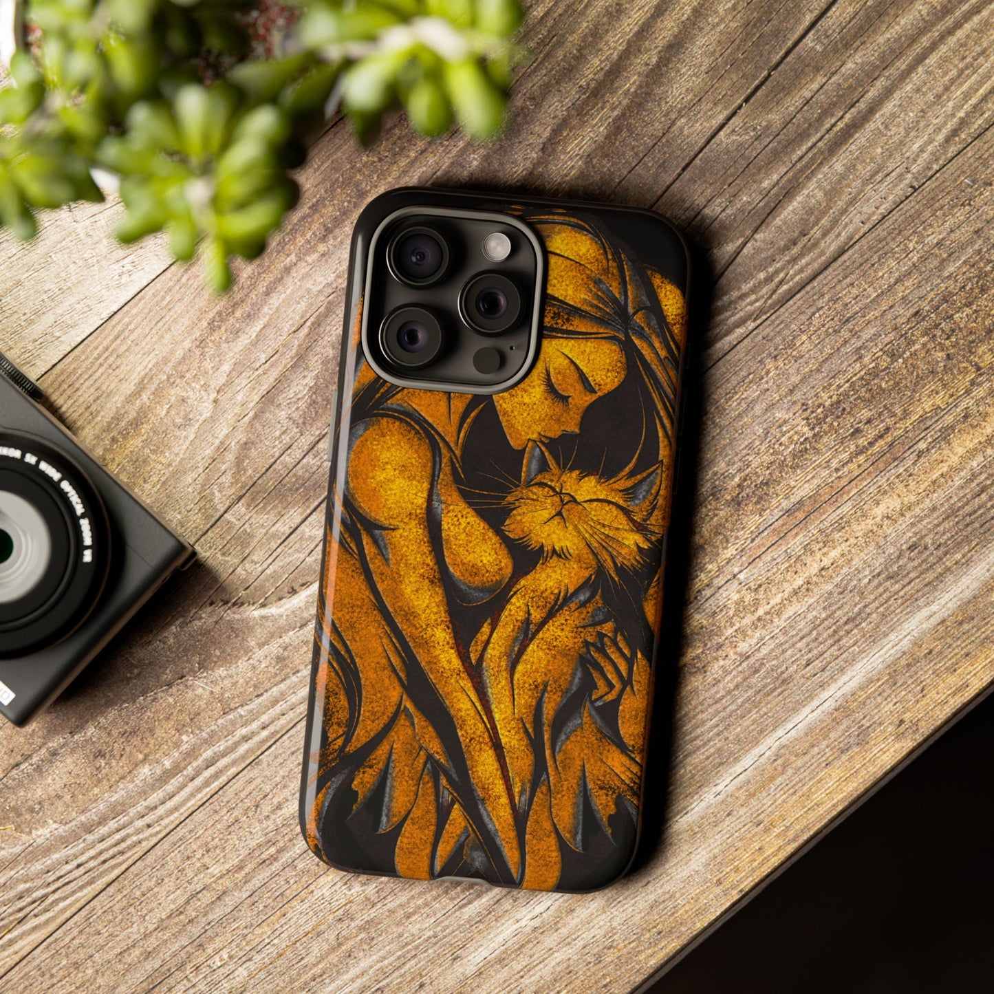 Phone Tough Case, Woman Hugging Cat, Gold on Black, Gift for Cat Lovers, Protective Case, Mobile Accessories
