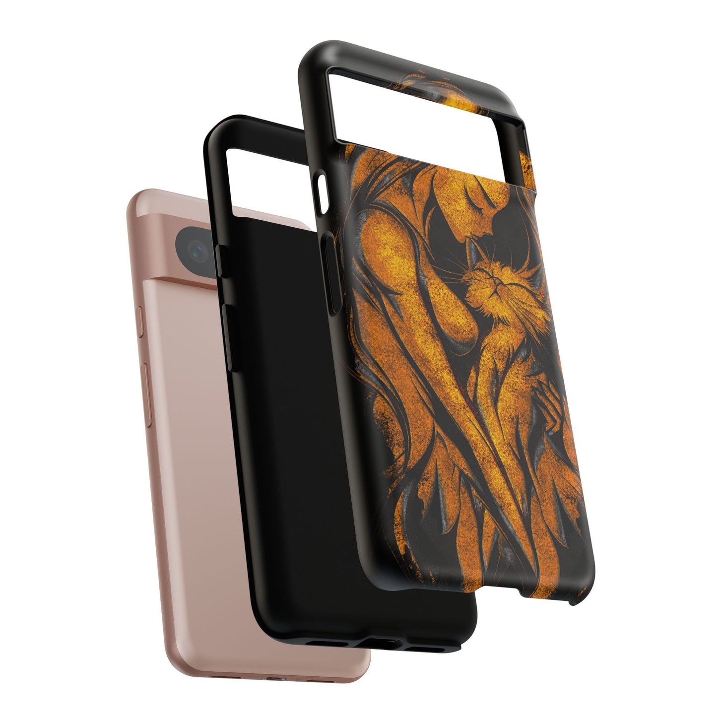 Phone Tough Case, Woman Hugging Cat, Gold on Black, Gift for Cat Lovers, Protective Case, Mobile Accessories