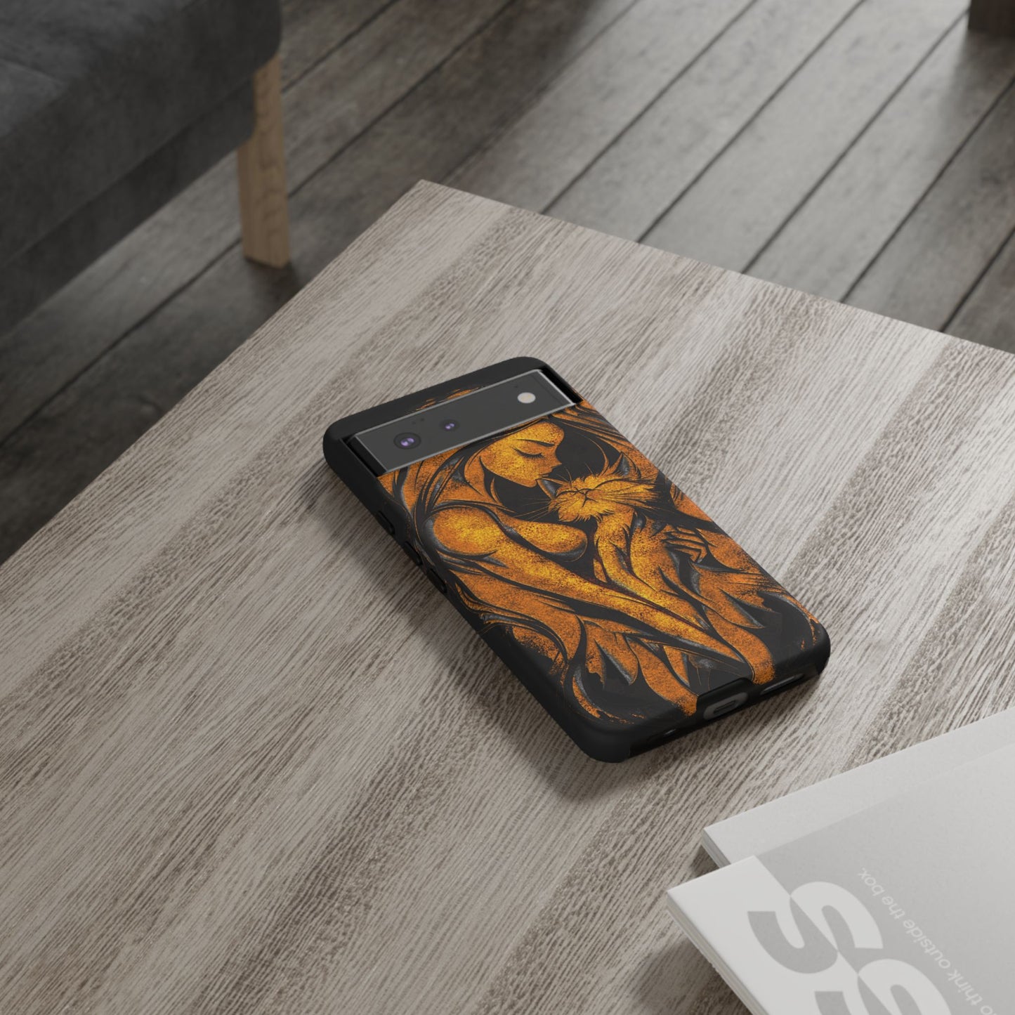 Phone Tough Case, Woman Hugging Cat, Gold on Black, Gift for Cat Lovers, Protective Case, Mobile Accessories