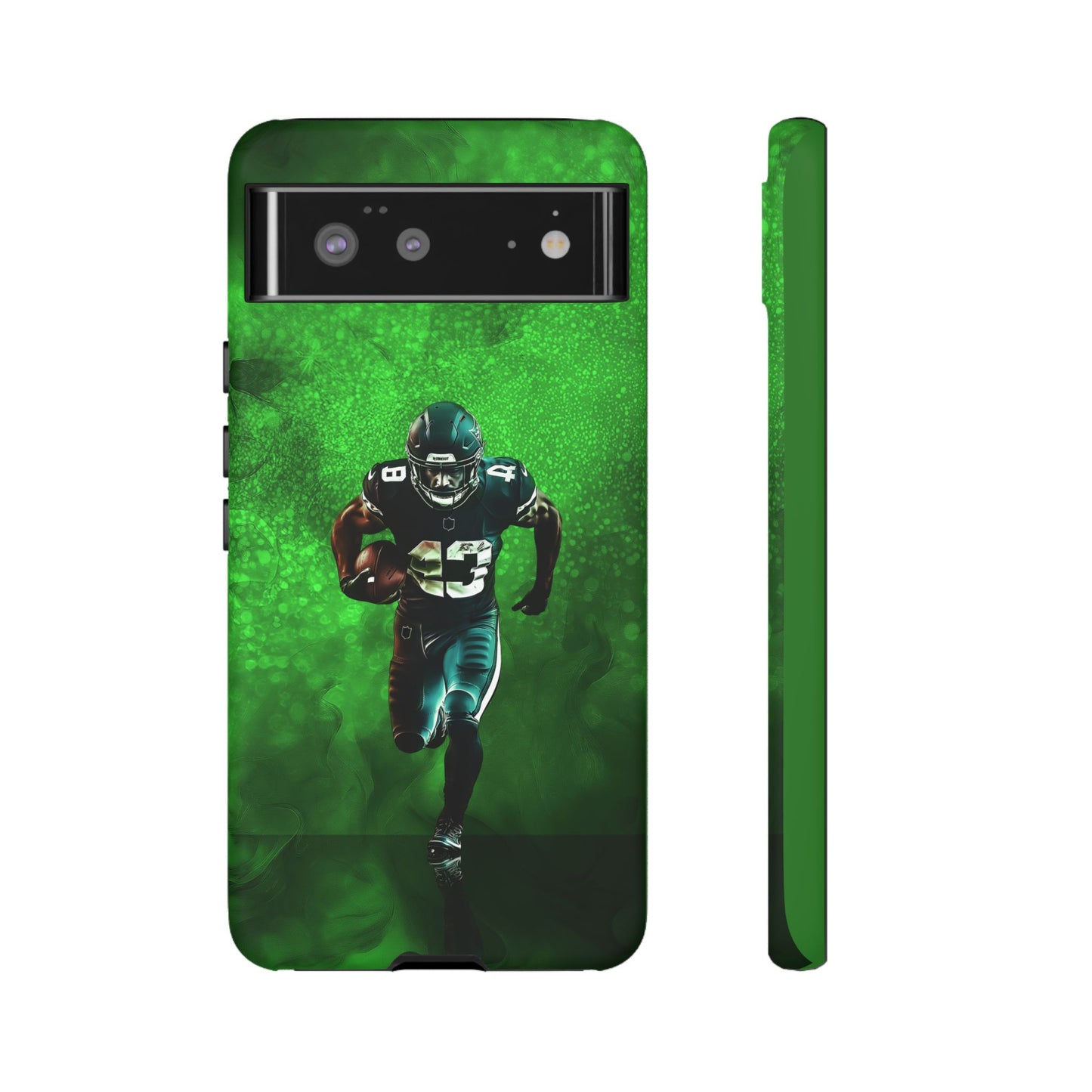 Tough iPhone, Google, Samsung Phone Cover with Green Football Design.