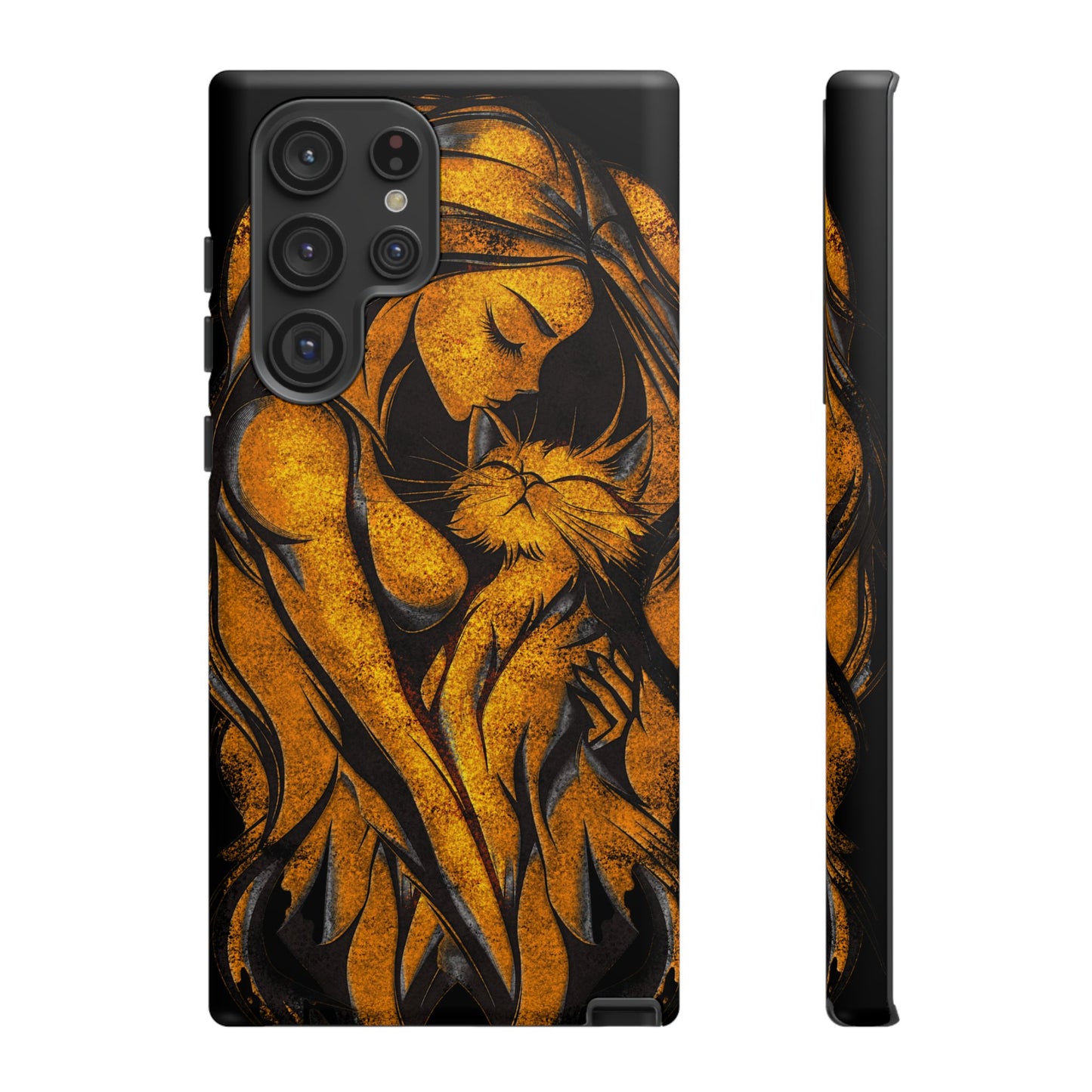 Phone Tough Case, Woman Hugging Cat, Gold on Black, Gift for Cat Lovers, Protective Case, Mobile Accessories