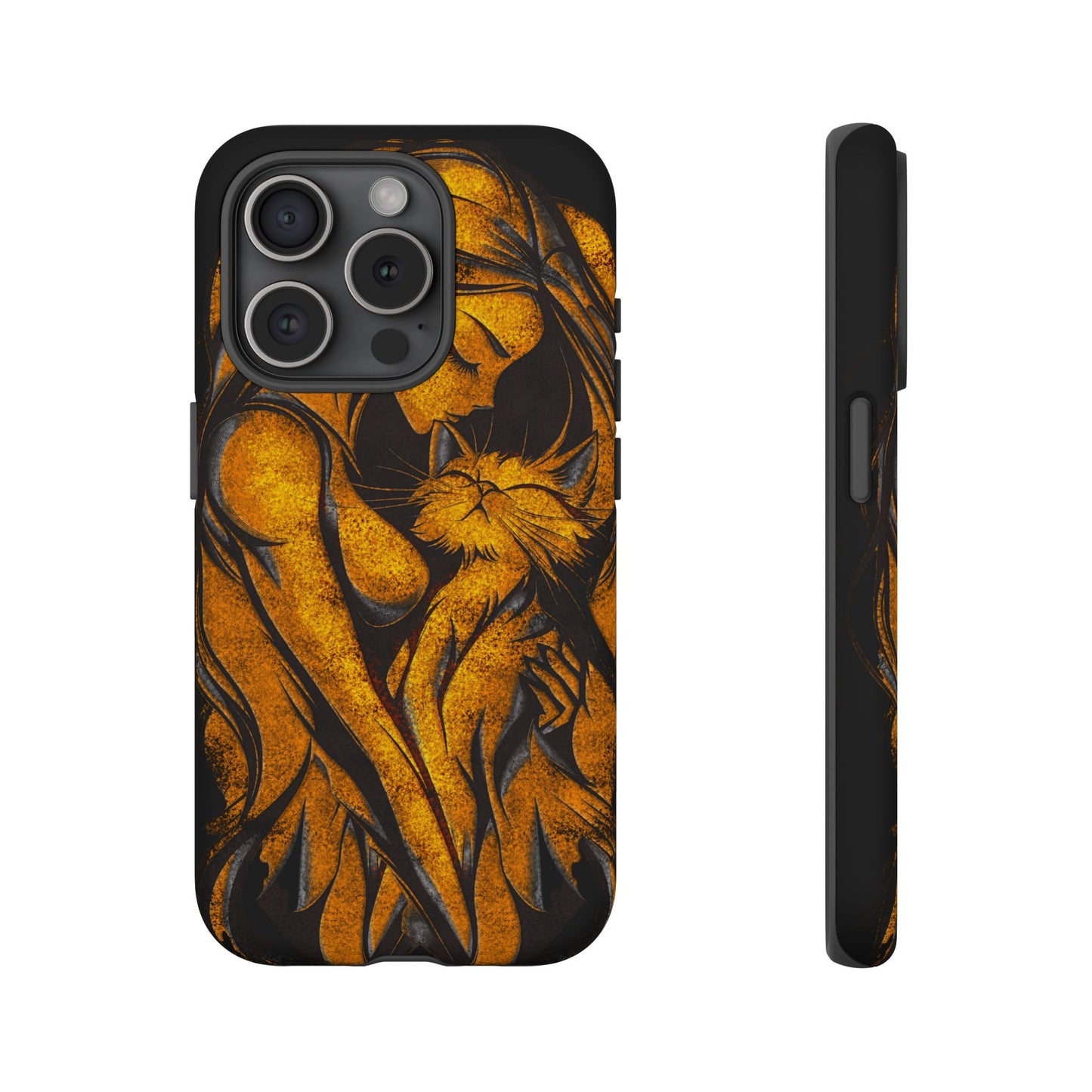 Phone Tough Case, Woman Hugging Cat, Gold on Black, Gift for Cat Lovers, Protective Case, Mobile Accessories