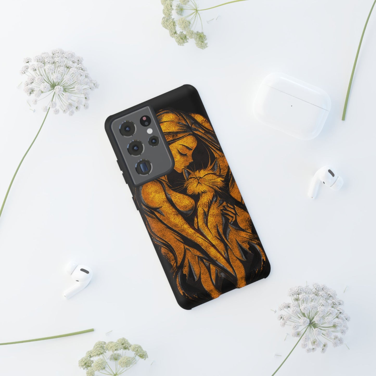 Phone Tough Case, Woman Hugging Cat, Gold on Black, Gift for Cat Lovers, Protective Case, Mobile Accessories
