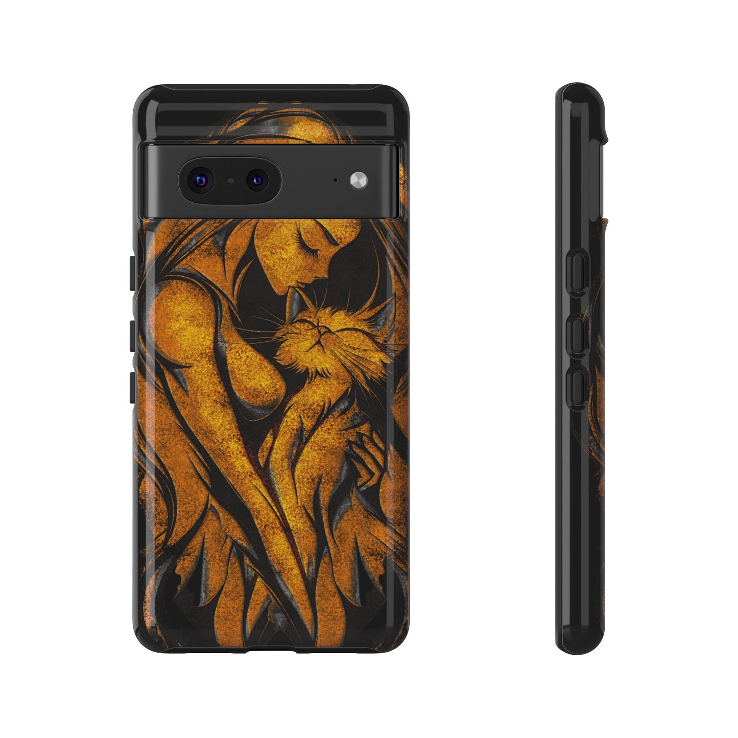 Phone Tough Case, Woman Hugging Cat, Gold on Black, Gift for Cat Lovers, Protective Case, Mobile Accessories