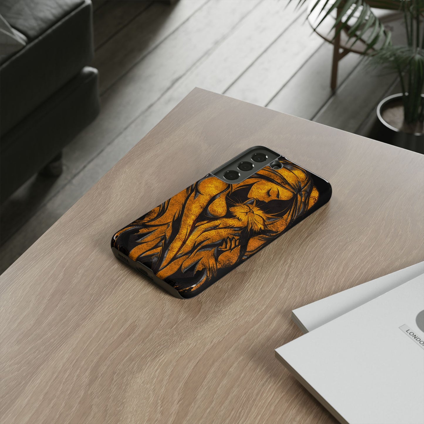 Phone Tough Case, Woman Hugging Cat, Gold on Black, Gift for Cat Lovers, Protective Case, Mobile Accessories