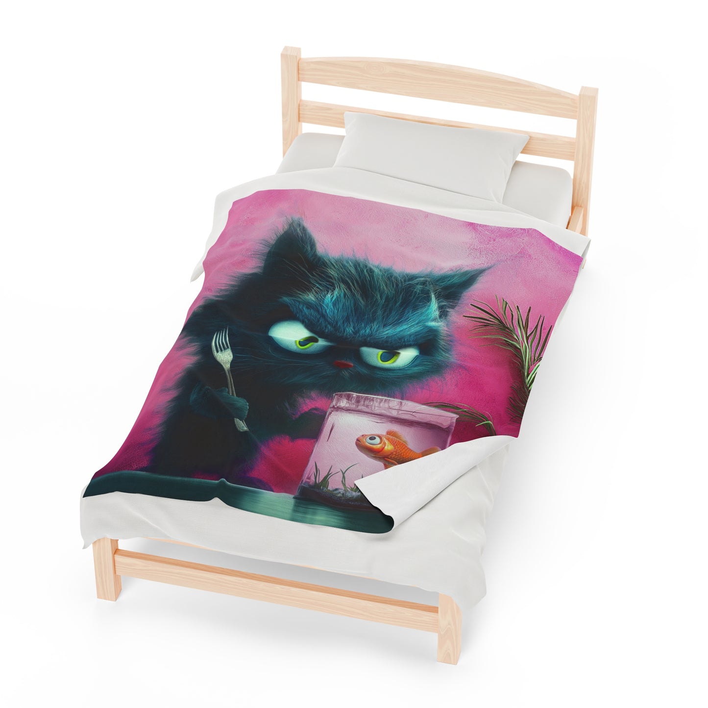 Velveteen Plush Throw Blanket - Cat About to Eat a Fish Design