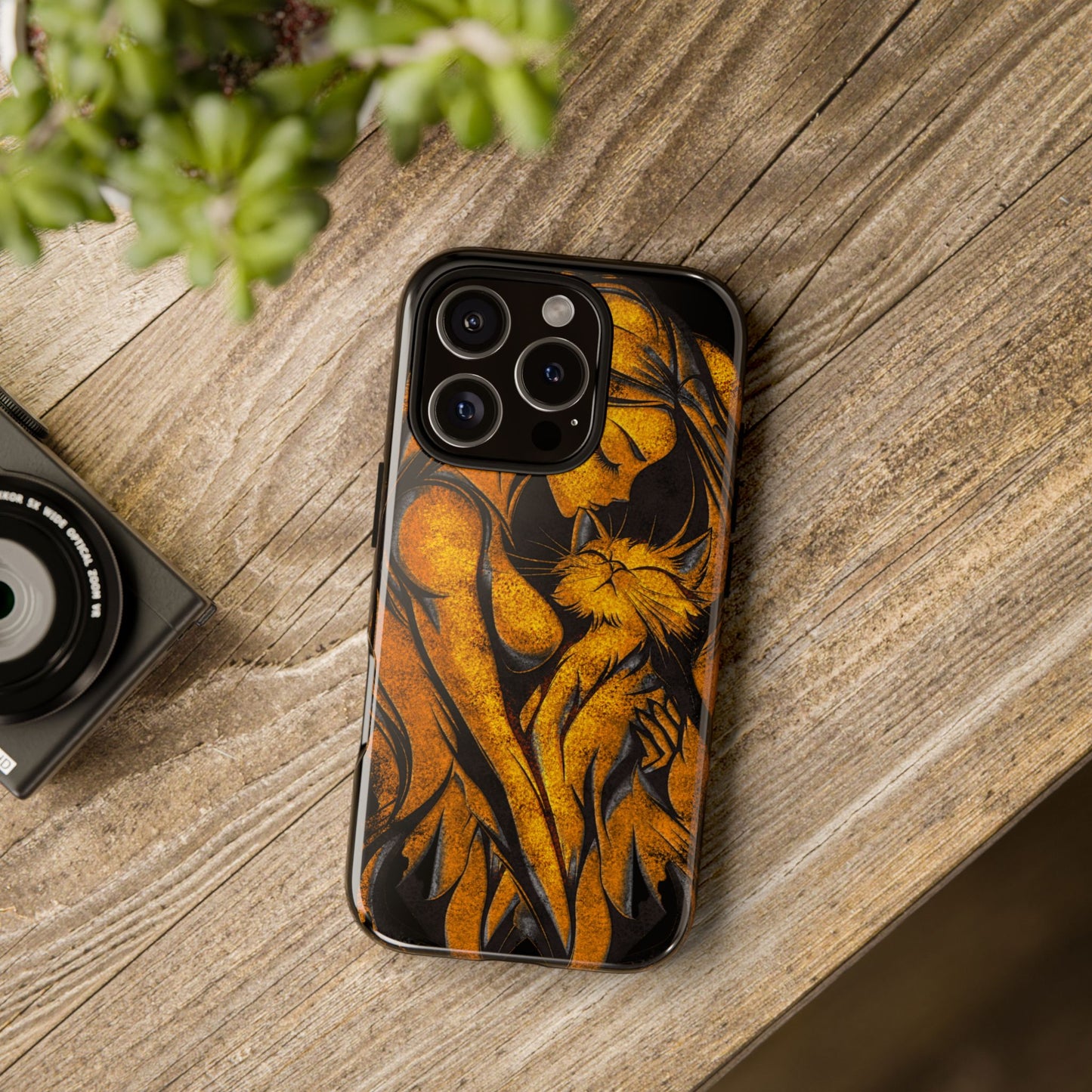 Phone Tough Case, Woman Hugging Cat, Gold on Black, Gift for Cat Lovers, Protective Case, Mobile Accessories