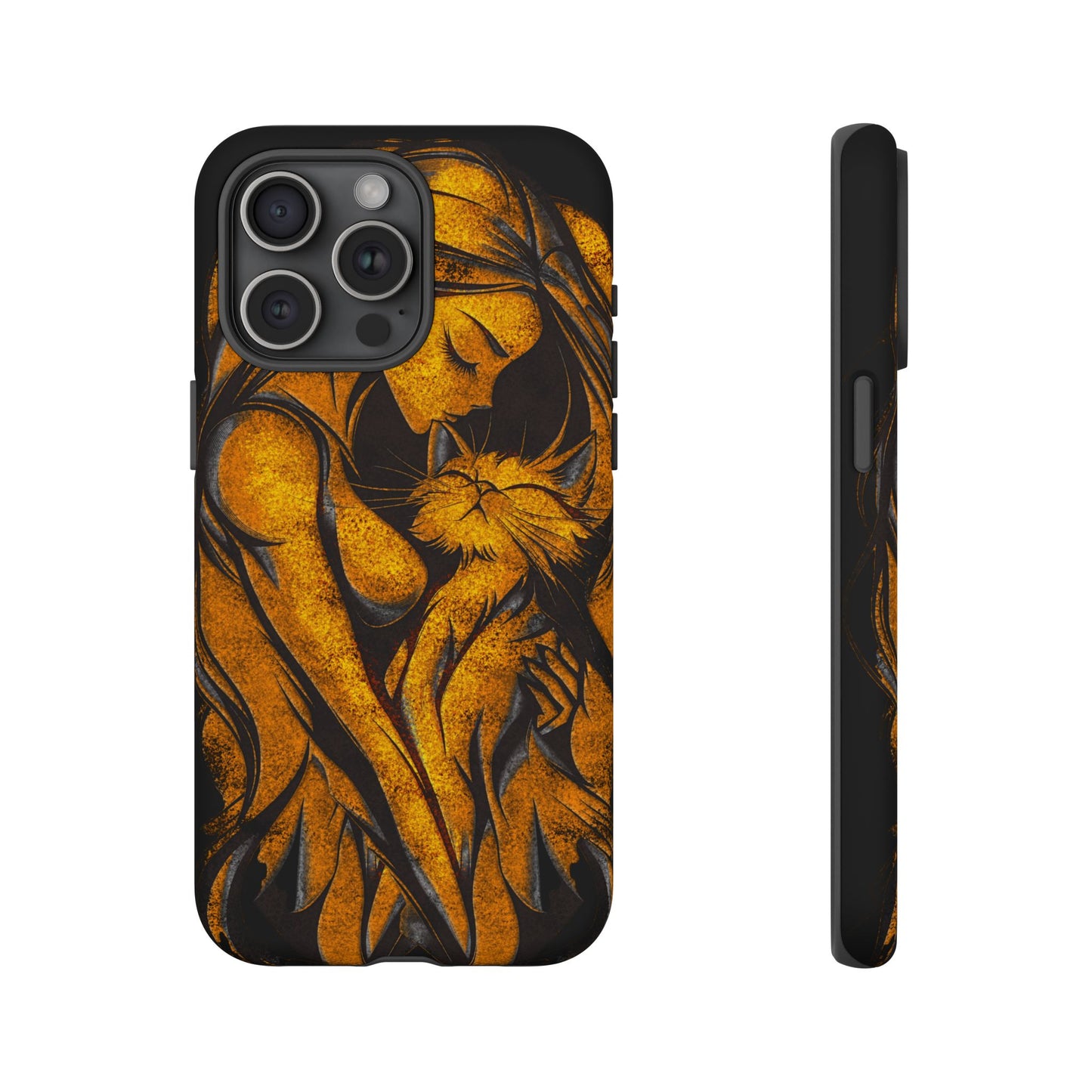 Phone Tough Case, Woman Hugging Cat, Gold on Black, Gift for Cat Lovers, Protective Case, Mobile Accessories