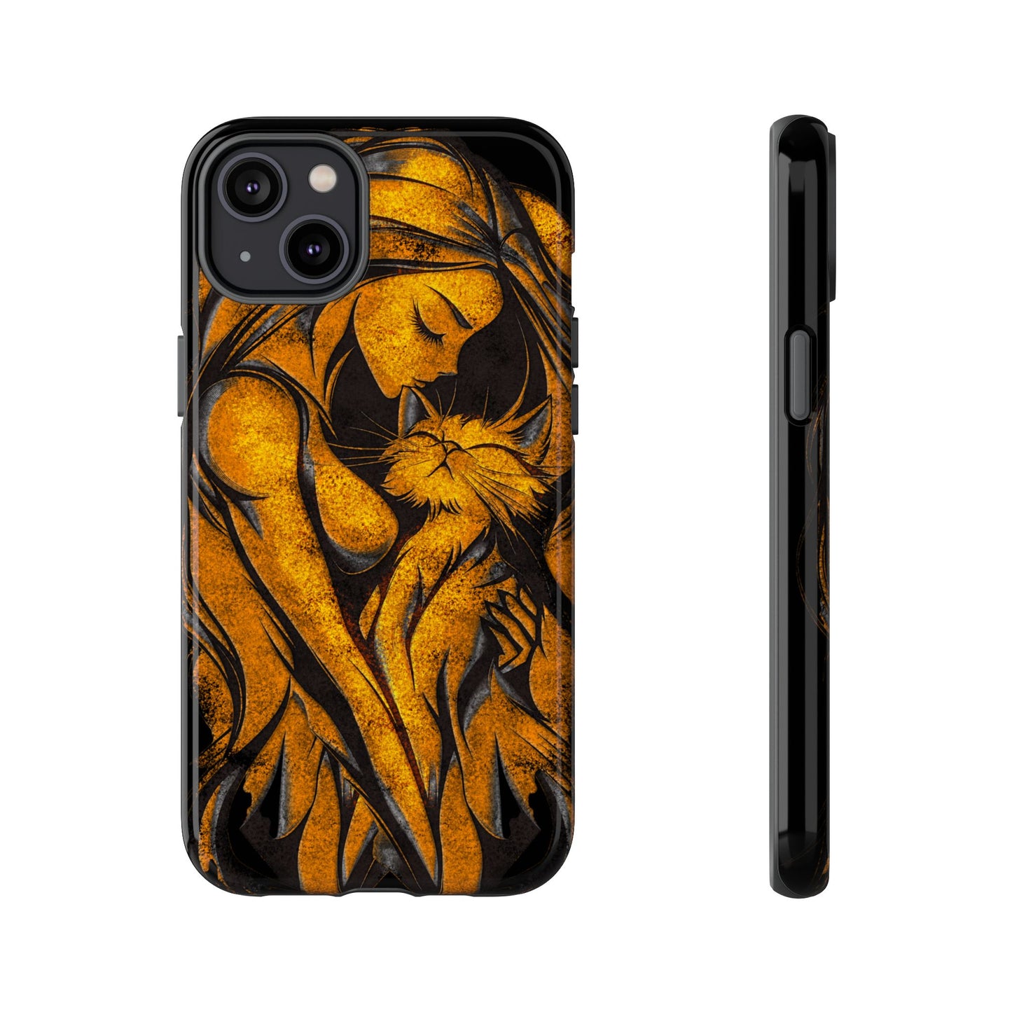 Phone Tough Case, Woman Hugging Cat, Gold on Black, Gift for Cat Lovers, Protective Case, Mobile Accessories