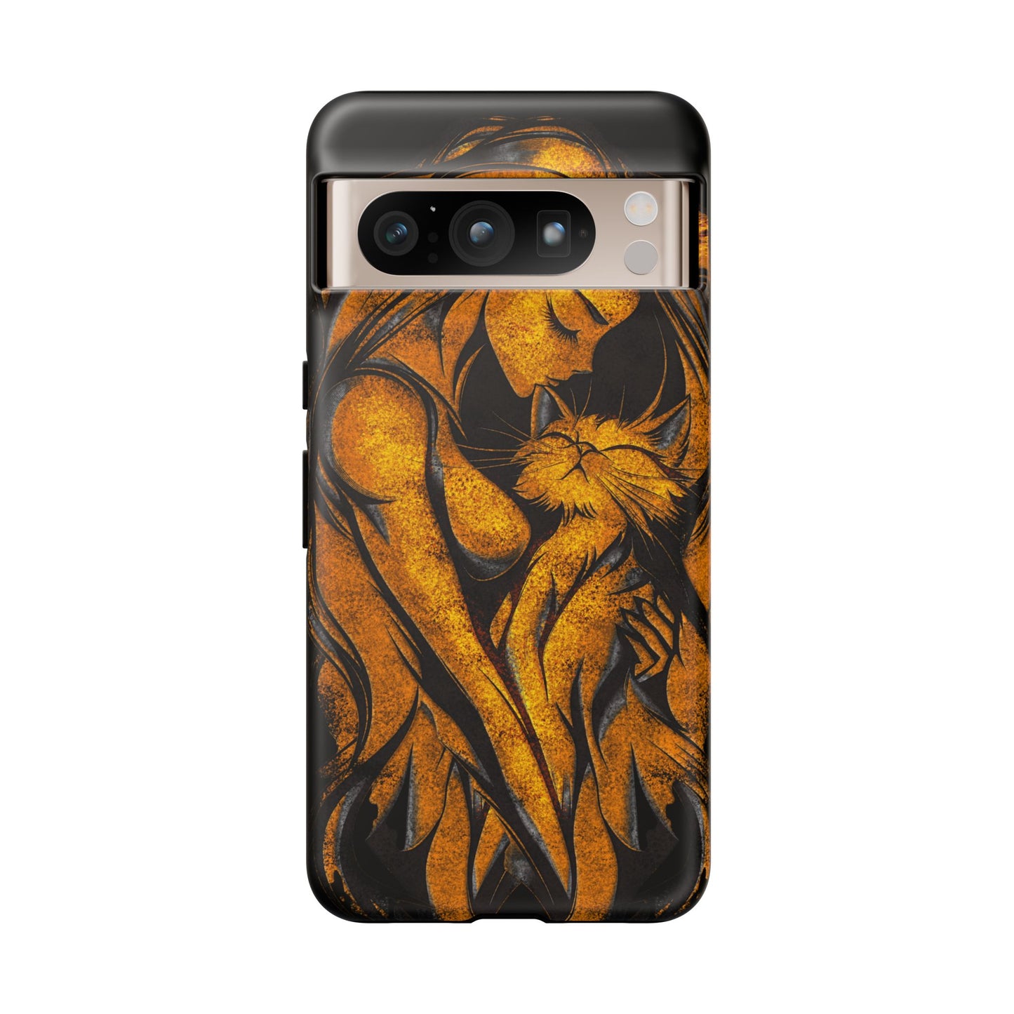 Phone Tough Case, Woman Hugging Cat, Gold on Black, Gift for Cat Lovers, Protective Case, Mobile Accessories